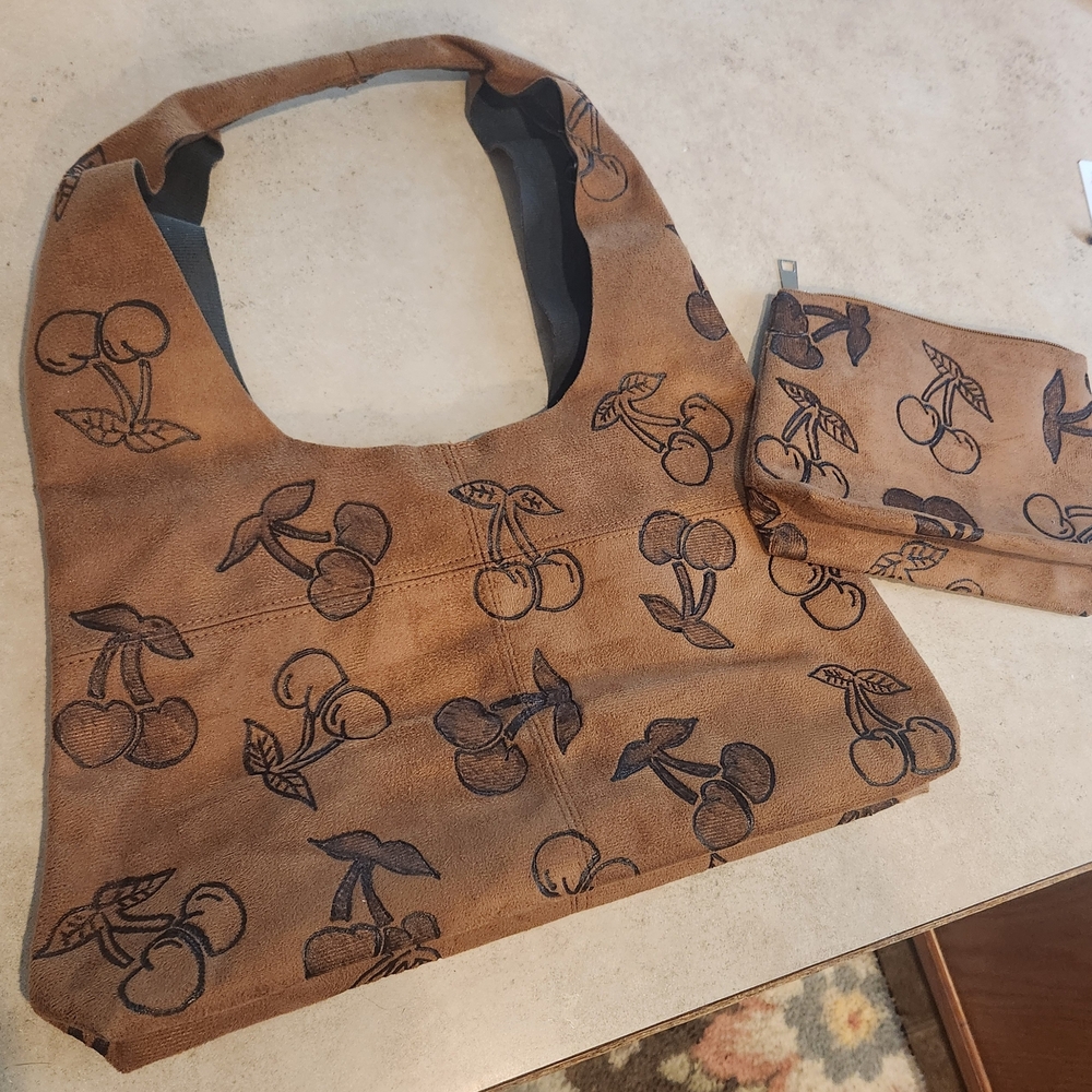 Brown Cherry Print Tote Bag with Pouch